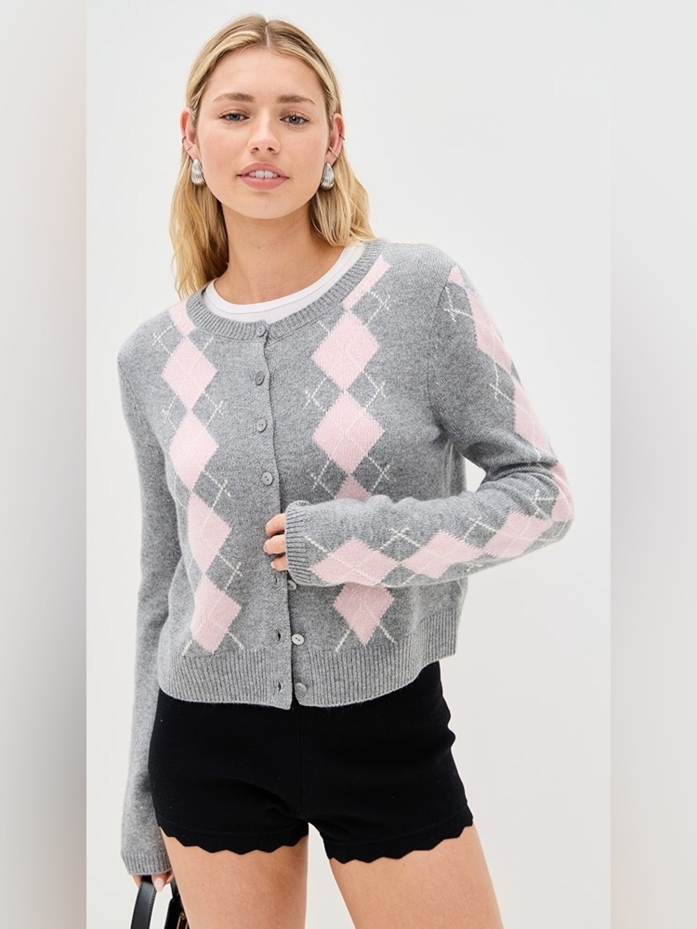 Reformation Clara Cashmere Crew Cardigan Argyle